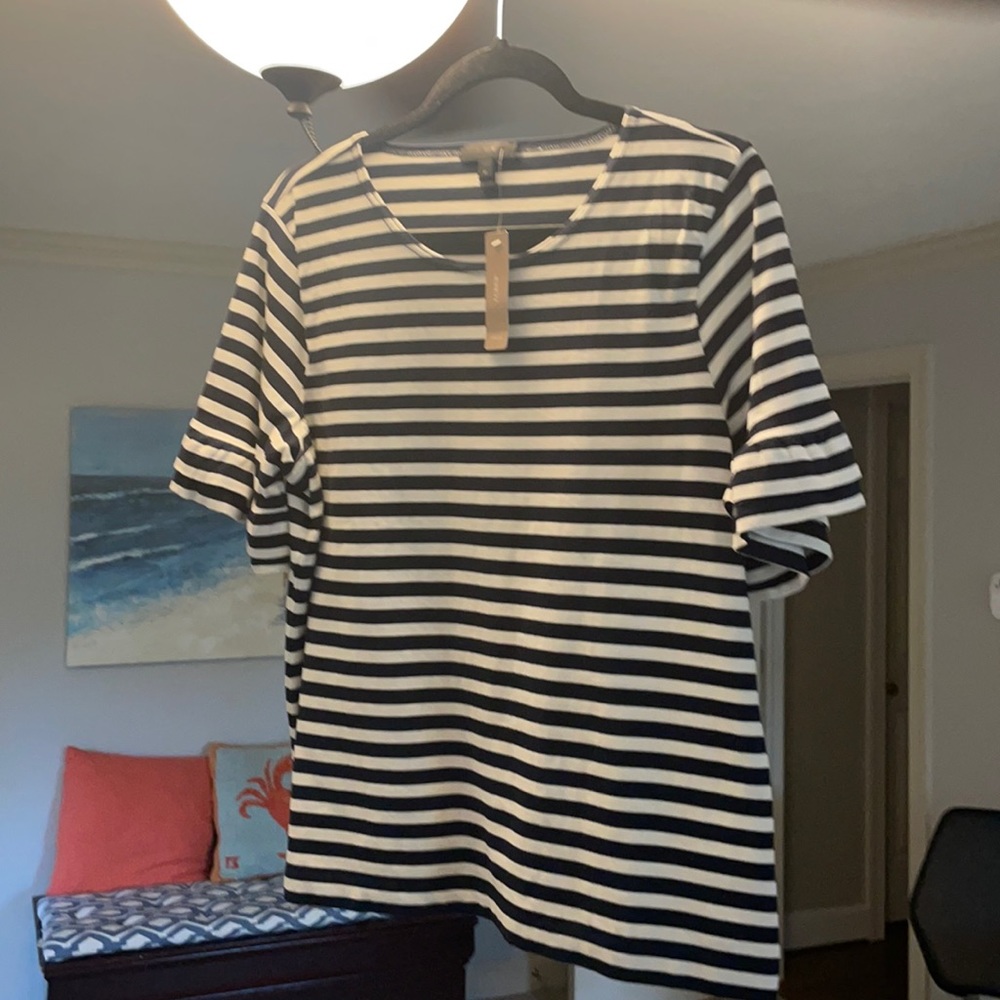 J. Crew Navy blue and white striped, cotton shirt with ruffle sleeves. NWT